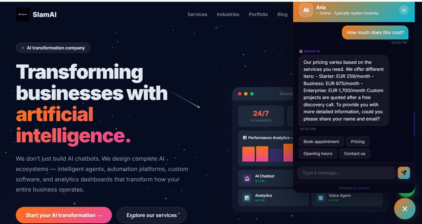 Aria, SlamAI's AI agent, answering a live question about pricing